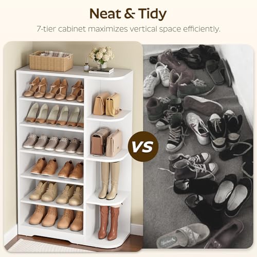 YATINEY Tall Shoe Cabinet with Open Storage, Multifunctional Shoe Rack, 7-Tier Wooden Shoe Storage Cabinet with Adjustable Shelves, Entryway Shoe Organizer for Closet, Hallway, White SC02WT YATINEY