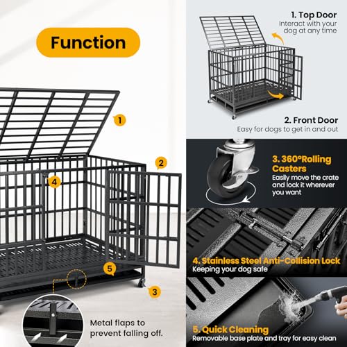 Oranland 48 inch Heavy Duty Indestructible Dog Crate,2025 New Upgraded Reinforced Baseplate for Large Dogs,XL Dog Crate for High Anxiety Dogs/Max Load Capacity 250lbs/Double Door with Wheels Oranland