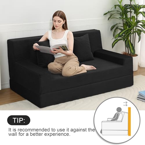 MeMoreCool Boneless Folding Sofa Bed Queen – Corduroy Convertible Futon Couch, 2-in-1 Floor Sleeper with Foam Support, Detachable Pillow & Washable Cover for Living Room, Guest Room, Apartment MeMoreCool