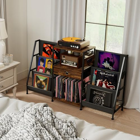 SUNTAGE Record Player Stand, Turntable Stand w/Drawer, Oxford Cloth Vinyl Storage, 8 Adjustable Foot Pads for Stability, Record Player Table End Table for Living Room Bedroom Stereo SUNTAGE