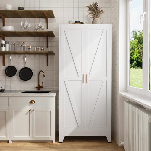 COFaR 71" Metal Pantry Cabinet with 5 Adjustable Shelves, White Storage Cabinet with Doors, Sturdy Freestanding Cupboard for Kitchen Organization, Living Room & Bathroom COFaR