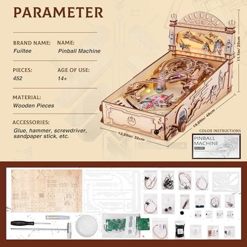 DIY Miniature Pinball Machine Kits, 3D Wooden Puzzles for Adults, Wooden Models for Adults to Build, Fun Toys Gifts for Ages 14+ Fuiltee