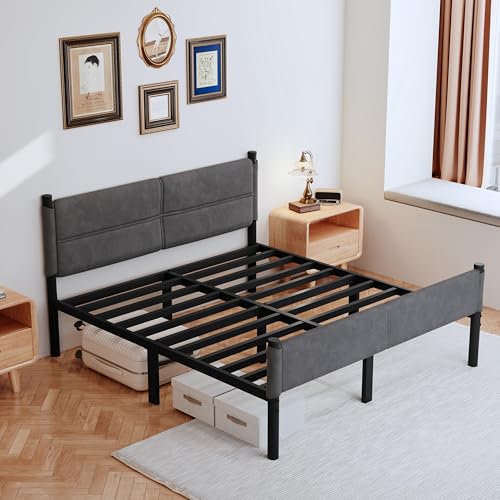 Henshwon Metal Bed Frame,14Inch Full Size Bed Frame with Storage Space,Heavy Duty Sturdy Mattress Foundation,Easy Assembly,No Box Spring Needed,Full Grey Henshwon