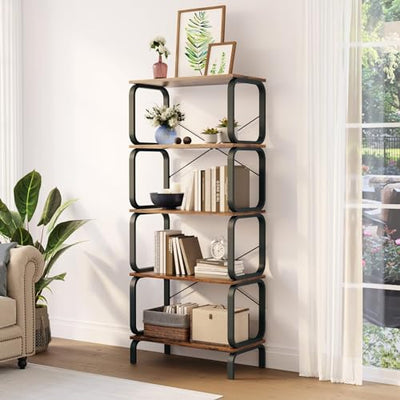 5-Tier Rustic Brown Industrial Bookshelf - Sturdy Metal and Wood Bookcase for Home and Office