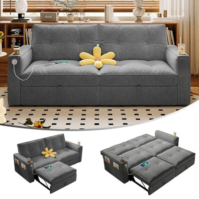 Tabaray 73.2'' Futon Sofa Bed Full, Convertible Pull Out Couch with Adjustable Backrest, Pre-Assembled Corduroy Sleeper Sofa, 2 Cup Holders & Pockets, USB, Loveseat for Living Room, Apartment, Grey