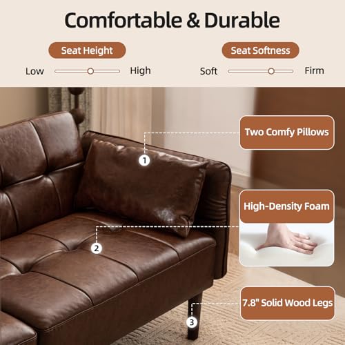 HALLYBEE Futon Sofa Bed, Sleeper Sofa, Small Couch with Storage Adjustable Armrests Pillows, Faux Leather Loveseat, Mid Century Modern Couches for Living Room, Bedroom, Apartment, Red Brown HALLYBEE