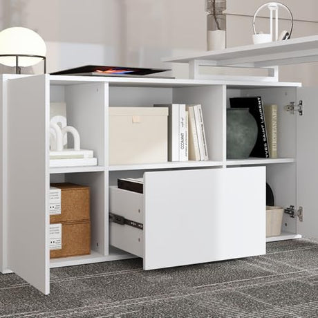 Homsee Electric Height Adjustable Standing Desk with Storage Cabinet, U-Shape Computer Desk with Drawer & Open Shelves for Home Office, Workstation Desk for Writing Study Executive, White Homsee