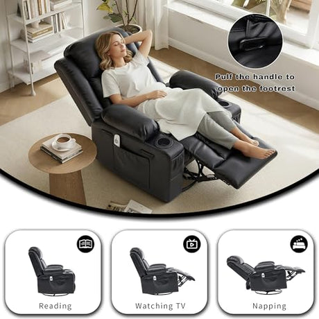 GAOHAPY Rocker Recliner Chair with Heat and Massage,360°Swivel Nursery Recliner Chair for Adults,Faux Leather Recliner Single Sofa Seat with 2 Cup Holders and Side Pocket (Black) GAOHAPY