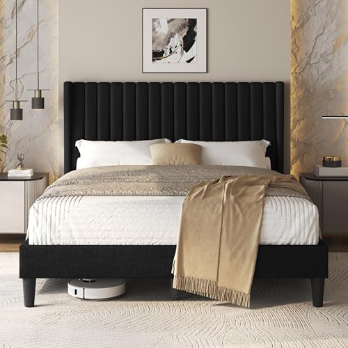Yaheetech Queen Bed Frame Upholstered Platform Bed with Fabric Headboard, Wing Edge Design/Non-Slip and Noise-Free/Wooden Slats Support/No Box Spring Needed/Easy Assembly, Black Queen Bed Yaheetech