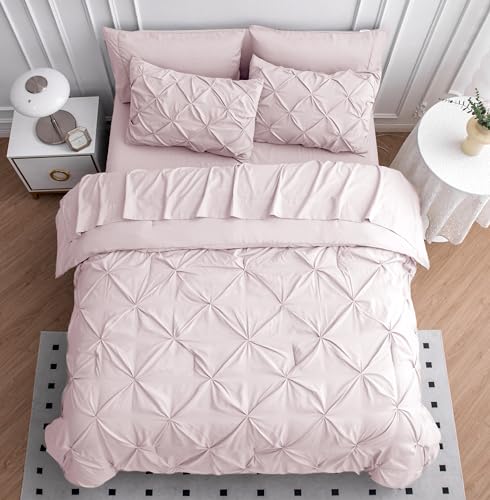 LANE LINEN Pink Full Comforter Set – 7 Piece - Pintuck Bed in a Bag - All-Season Full-Size Bedding with Comforter, Sheets, Pillowcases & Sham - Comfy, Perfect for College Dorms – Sepia Rose LANE LINEN