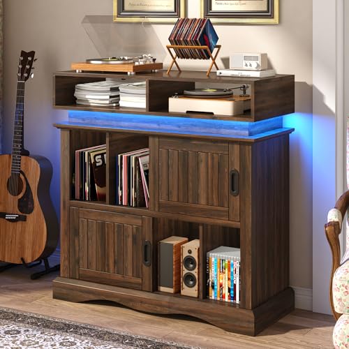 St.Mandyu Record Player Stand with Sliding Doors, 15.7" D x 39.4" W x 40" H Record Storage Cabinet with Charging Station Holds Up to 450 Albums, Vinyl Display Shelf for Living Room, Walnut St.Mandyu