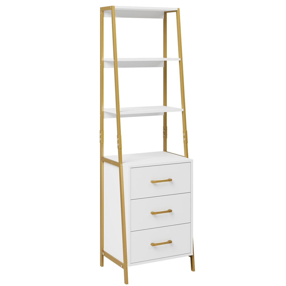 HITHOS 4-Tier Bookshelf, Tall Bookcase with 3 Wooden Drawers, Modern Ladder Book Shlef Storage Organizer for Living Room, Entryway, Office, White Gold HITHOS