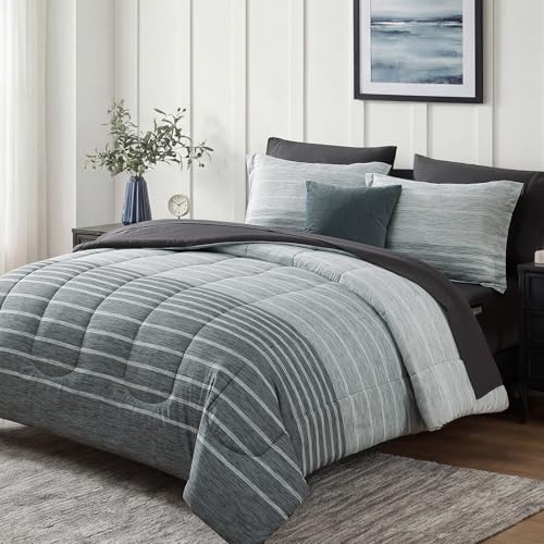 Monbix Full Size Comforter Set - 7 Pieces Bed in a Bag Full, Grey-Stripe Bedding Sets, All Seasons Comforter Bed Set with Sheets, Pillowcases & Shams Monbix