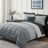 Monbix Full Size Comforter Set - 7 Pieces Bed in a Bag Full, Grey-Stripe Bedding Sets, All Seasons Comforter Bed Set with Sheets, Pillowcases & Shams Monbix