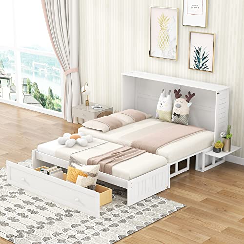 Hlcodca Unique Queen Size Mobile Murphy Bed with Drawer,Wood Storage Bed with Little Shelves on Each Side,for Small Spaces Apartments Studio Guest Room Use Hlcodca