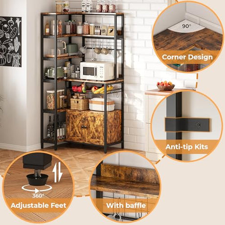 IRONCK Corner Bakers Rack with Power Outlet, Coffee Bar 6 Tier with Storage Cabinet, Vintage Industrial Microwave Stand with 6 Hooks, Kitchen Shelves with Wire Basket, Rustic Brown IRONCK