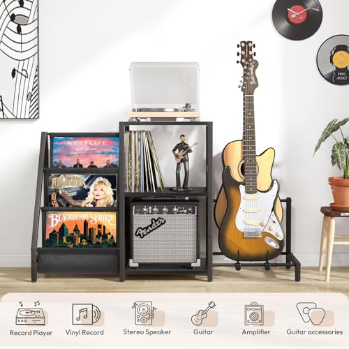 Bikoney Mid Century Modern Record Player Stand, Guitar Stand for Acoustic, Electric Guitar, Bass with Amp Stand, 3-Tier Vinyl Record Storage, Vinyl Record Display Stand for Living Room Bikoney