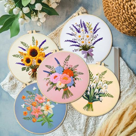 ACRNIGHEET 5PCS Embroidery Kit for Beginners Embroidery Flower Sewing Pre Printed Pattern Embroidery Starter Kit with Instructions, Including 5 Stamped Embroidery Cloth and Various Accessories ACRNIGHEET