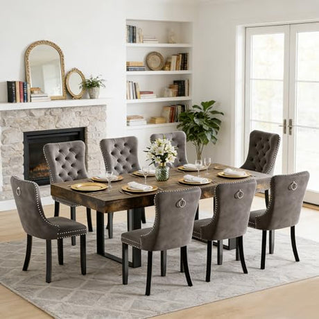 Goujxcy 9-Piece Extendable Dining Table Set for 8, 63-78 Inch Rustic Brown Kitchen Table Set with 8 Grey Tufted Chairs Farmhouse Wood Expandable Dining Room Table Set 8 for Kitchen Dining Goujxcy