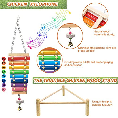 9 Pack Chicken Toys, Chicken Coop Accessories for Father's Day, with 2 Chicken Swing, 1 Chicken Wood Stand, 1 Chicken Xylophone, 1 Chicken Mirror, 2 Vegetable Net Bag, 2 Vegetable Fruits Hanging Fork