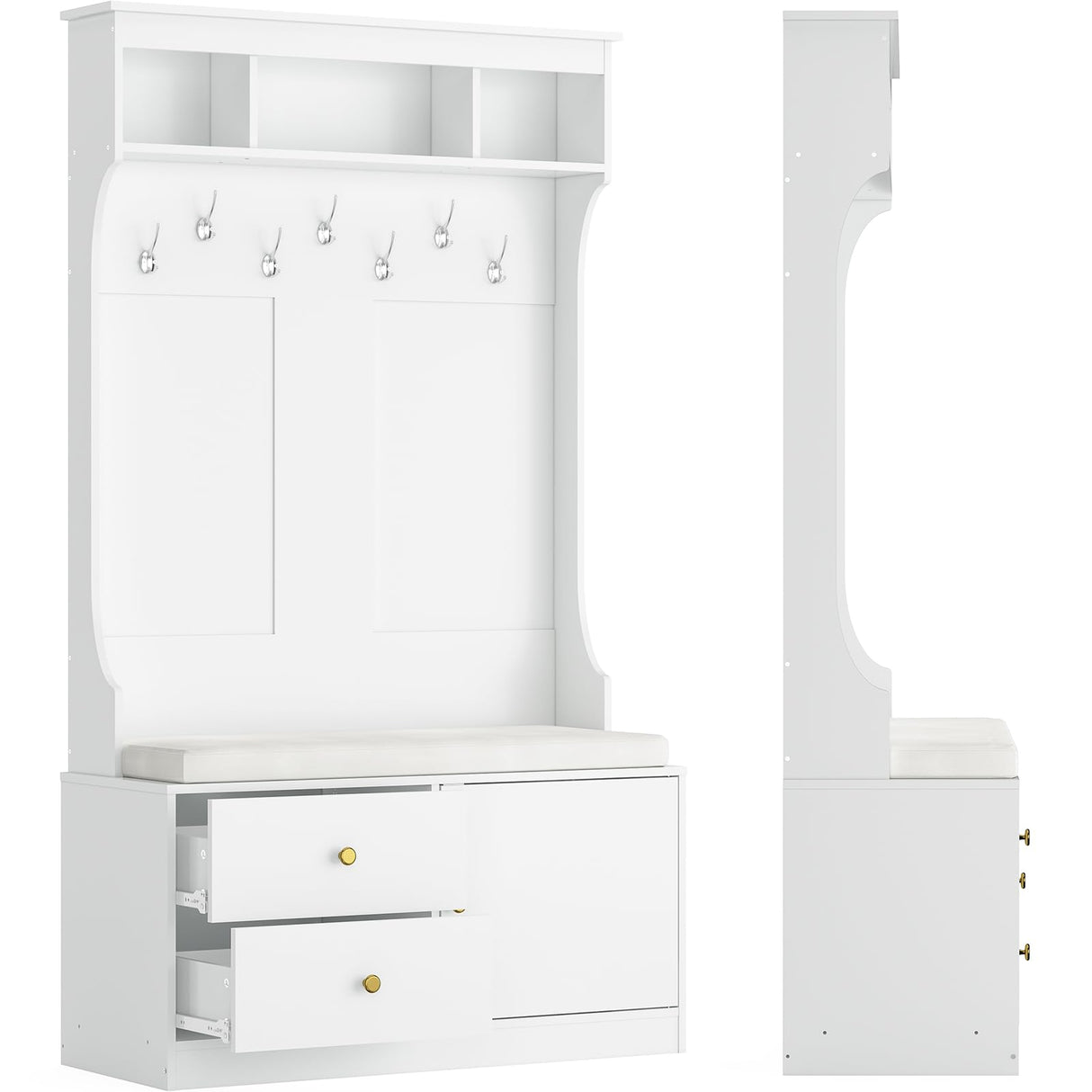 Soohow Hall Tree with Bench and Shoe Storage, Mud Room Bench with Storage and Seating, Hall Tree with Shoe Storage with 7 Hooks, 6-in-1 Farmhouse Hall Tree with Bench for Entryway, 70.9", White Soohow