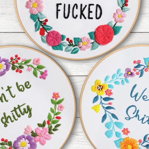Louise Maelys 3 Sets Funny Embroidery Kits for Beginners,Cross Stitch Kit for Adults,DIY Starters Needlepoint with Flower Wreath Pattern,Including Instruction and Threads