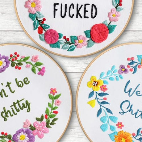 Louise Maelys 3 Sets Funny Embroidery Kits for Beginners,Cross Stitch Kit for Adults,DIY Starters Needlepoint with Flower Wreath Pattern,Including Instruction and Threads Louise Maelys