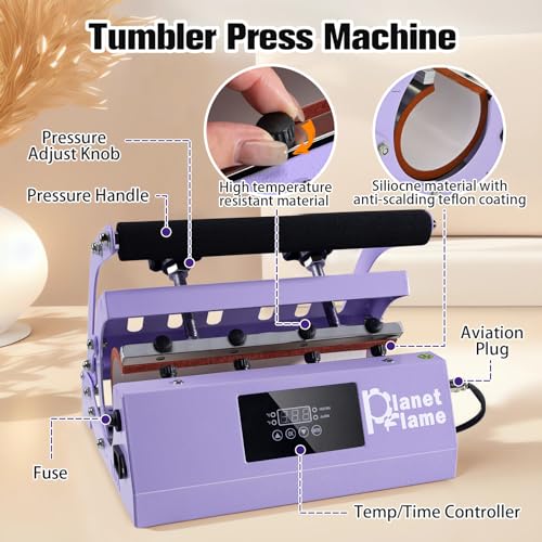 PlanetFlame Tumbler and Hat Heat Press Machine, 2-in-1 Combo Machine for Cup and Cap with Gloves and High Temp Heat Resistant Tape for 11oz-30oz Sublimation Tumbler and All Caps, Purple PlanetFlame