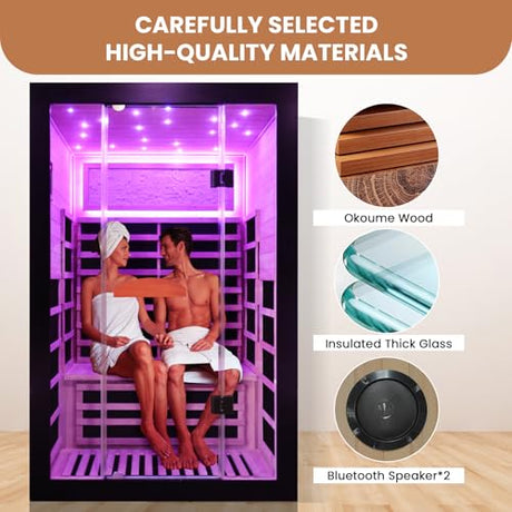 SAUNA Infrared Sauna 2 Person 2000W Low-EMF Wooden Home Spa Room Okoume Wood Indoor Dry Saunas with Intelligent Control Panel/Speaker/7-Colorful Starry Sky Light Two Person Sauna 47.3*41.3*74.8 IN HOSAUNA
