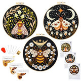 Hand Embroidery Starter Kits for Beginners Adults, Counted Stamped Cross Stitch Kit for Beginners Adults, Embroidery Needlepoint Kit with Moth Flower Pattern, 3 Hoops (Attached Teaching Video QR Code)