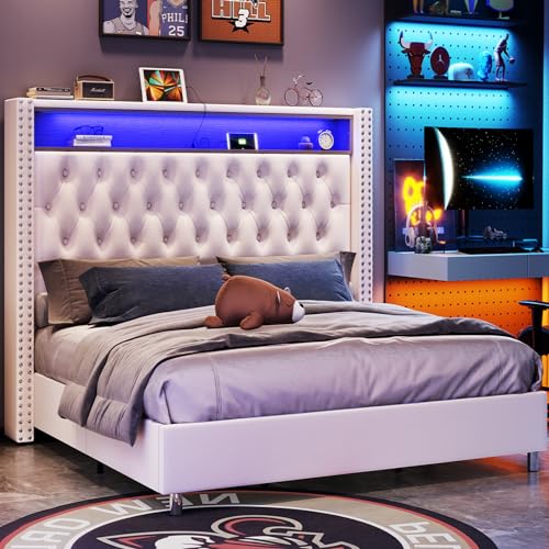 PLAUIN Velvet King Size Bed Frame with LED Lights and Charging Station - Cream Upholstered Platform Bed - WoodArtSupply