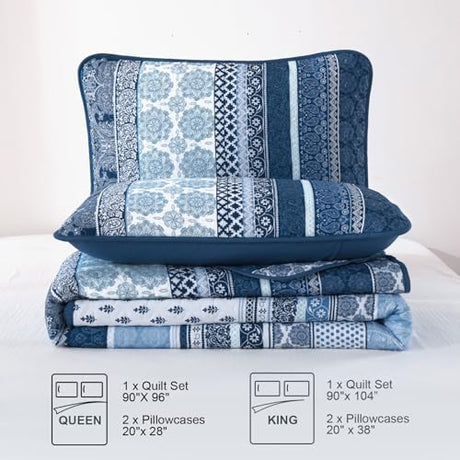 WONGS BEDDING Boho Quilt Set Queen Size, Navy Blue Bohemian 3 Pieces Quilt Sets, Lightweight Microfiber Bedspread Coverlet Bedding Set for All Season (96"x90") WONGS BEDDING