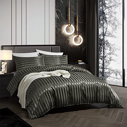 RevenRella 3 Piece Satin Duvet Cover Set Bedding Sets Italian Style 1800 Series Luxury Rich Silk Silky Super Soft Stripes Hidden Zipper Closure Reversible Wrinkle Free Honeymoon(Grey, King) RevenRella