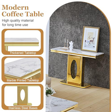 47" Rectangular Console Table, Modern Accent Table with White Faux Marble Top and Gold Mirror Stainless Steel Base, Modern Entryway Table for Living Room, Bedroom, or Hallway AF ARTISAN FURNITURE