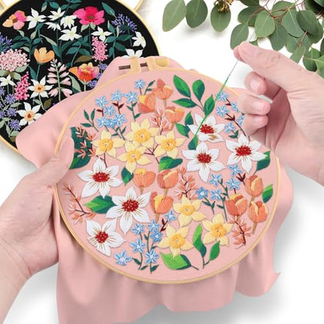 ERKOON Embroidery Kit for Beginners, 2 Set Floral Cross Stitch Set Include Embroidery Cloth Hoops Threads for Craft Lover Hand Stitch with Embroidery Skill Techniques (Flower) ERKOON