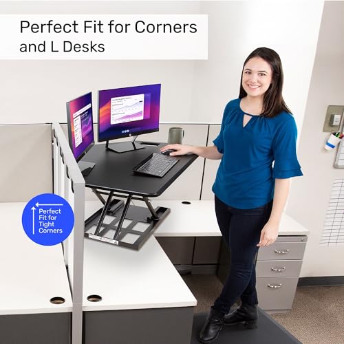 X-Elite Pro 40" Corner Standing Desk Converter with Pneumatic Lift | Adjustable Sit to Stand Riser, L-Shaped Desks & Cubicles | Fully Assembled Computer Workstation (Matte Black) Stand Steady
