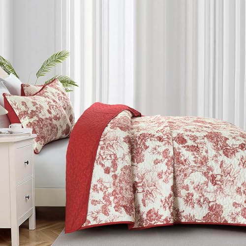 WONGS BEDDING Botanical Quilt Set Queen Size, Red 3 Pieces Floral Plants Printed Bedspread Bedding Set Christmas Soft Lightweight Microfiber Coverlet Set for All Season (96"x90") WONGS BEDDING