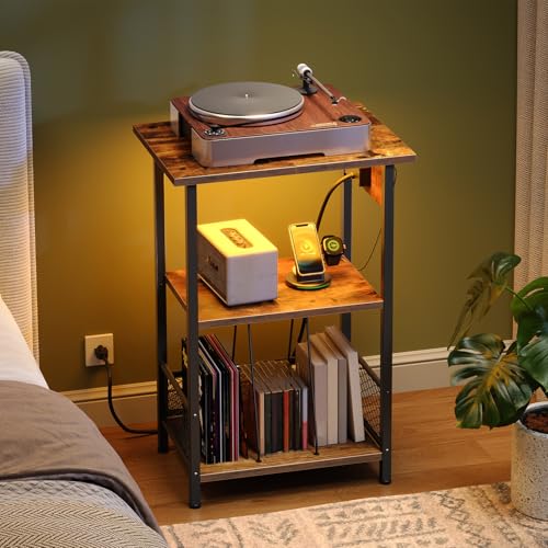 HOOBRO Record Player Stand with Charging Station and LED, Turntable Stand with Storage, 3 Tier End Table Hold Up to 100 Albums, Record Table for Vinyl, Living Room, Rustic Brown and Black BF06UDRS01 HOOBRO