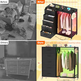 Cyclysio Dresser for Bedroom with Clothes Rack, 5 Drawers Dresser with Charging Station & LED Lights, Black Storage Chest of Drawers with Wheels, Wooden Top, Lockable Wheels, Bedroom, Closet, Black Cyclysio