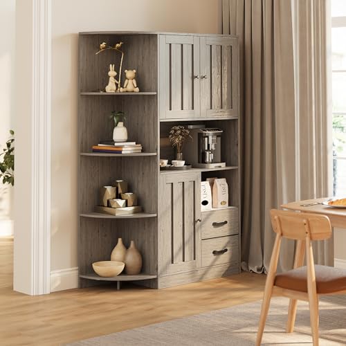 Gizoon 60.4" Farmhouse Kitchen Pantry Storage Cabinet with Doors and Adjustable Shelves, Large Kitchen Hutch with Drawers, Freestanding Cupboard for Dining Room, Living Room, Grey - WoodArtSupply