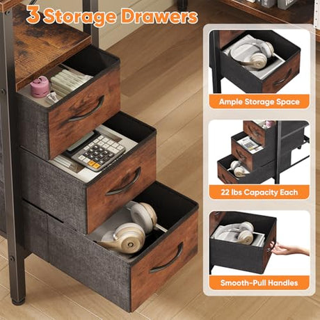 DUMOS L Shaped Desk with Shelf Drawers 47 Inch, Brown Corner Computer Desks Gaming with Power Outlet, Study Table with Adjustable Shelves, Home Office Tables for Bedroom Teacher Reading Writing DUMOS