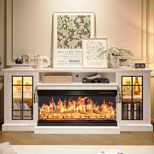 MXV 70'' Fireplace TV Stand, Farmhouse Entertainment Center with 3 Sided Glass TV Stand, Modern Media Console Table with Storage Drawers & Cabinets with LED Flame and Lights for Living Room, White MXV