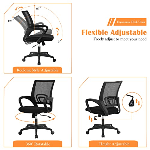 Mesh Computer Chair Home Office Chair Ergonomic Desk Chair with Lumbar Support& Armrest, Adjustable Mid Back Task Chair Rolling Swivel Executive Chairs for Adults, Black YIQIEDEY