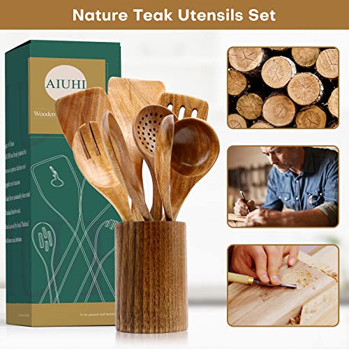 Natural Teak Wood Kitchen Utensils with Spatula and Ladle (10) - WoodArtSupply