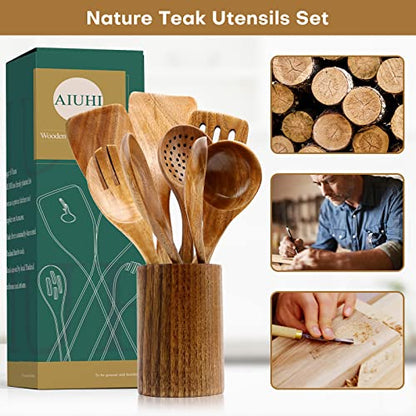 Natural Teak Wood Kitchen Utensils with Spatula and Ladle (10) - WoodArtSupply