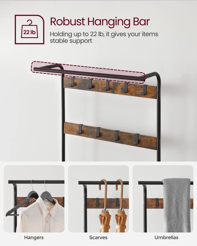 VASAGLE Coat Rack, Hall Tree with Shoe Bench for Entryway, Entryway Bench with Coat Rack, 4-in-1, with 9 Removable Hooks, a Hanging Rod, 13.3 x 28.3 x 72.1 Inches, Rustic Brown and Black UHSR - WoodArtSupply