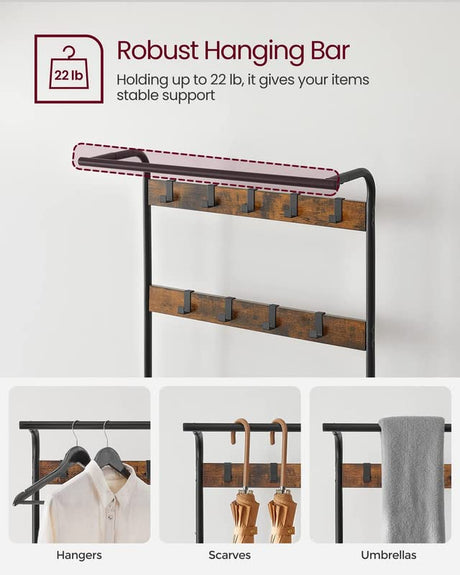 VASAGLE Coat Rack, Hall Tree with Shoe Bench for Entryway, Entryway Bench with Coat Rack, 4-in-1, with 9 Removable Hooks, a Hanging Rod, 13.3 x 28.3 x 72.1 Inches, Rustic Brown and Black UHSR40B VASAGLE