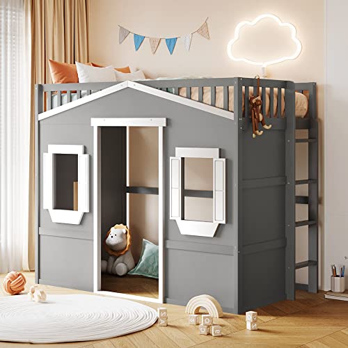 Merax Twin Size Loft Bed with Wardrobe, Space-Saving House Bed Frame with Safety Guard & Ladder for Small Bedroom, Gray+White Merax
