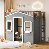Merax Twin Size Loft Bed with Wardrobe, Space-Saving House Bed Frame with Safety Guard & Ladder for Small Bedroom, Gray+White Merax