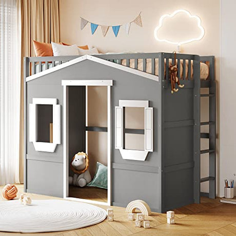 Merax Twin Size Loft Bed with Wardrobe, Space-Saving House Bed Frame with Safety Guard & Ladder for Small Bedroom, Gray+White Merax